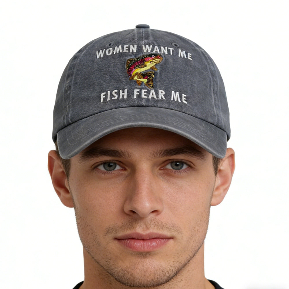Fish Fear Hat For Men, Adjustable Embroidered Cotton Ponytail Baseball Cap