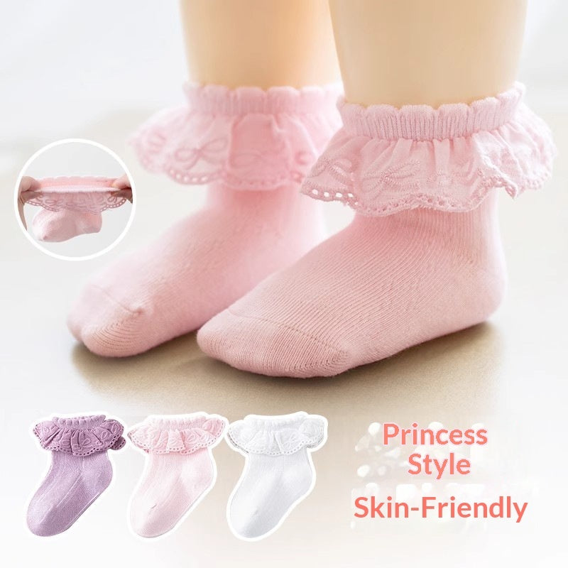 Solid-color Breathable Lace Socks With A Versatile Floral Trim For Little Girls