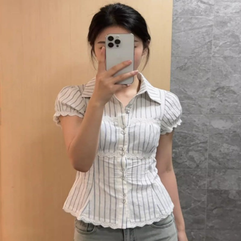 Womens Striped Lace Contrast-Color Vintage Slim-Fit Figure-Flattering Top